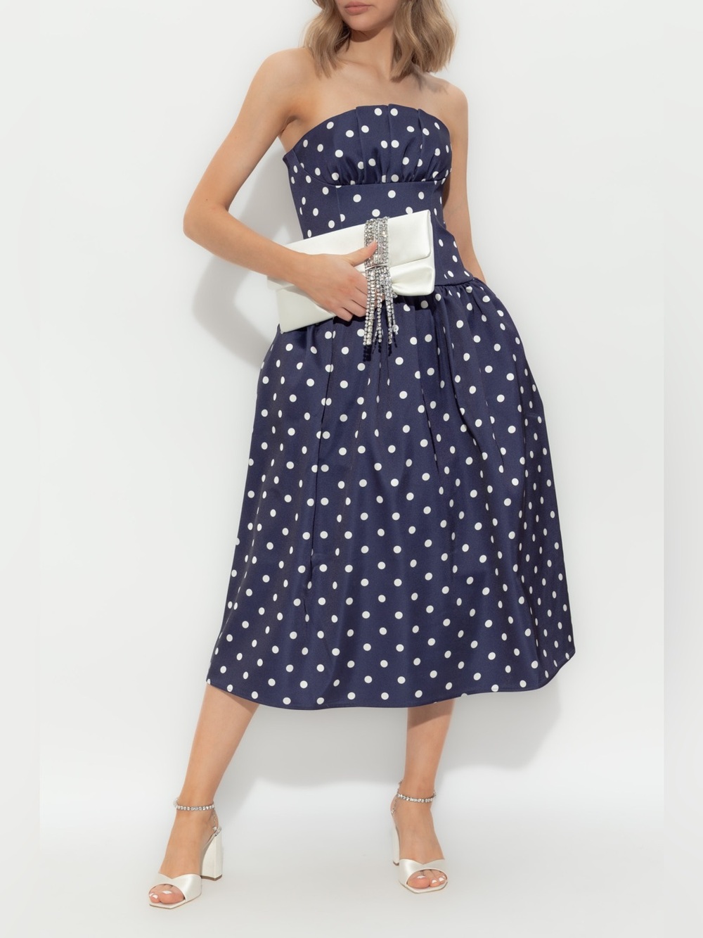 NWT- Self -Portrait Strapless Navy Polka Dot Midi Dress